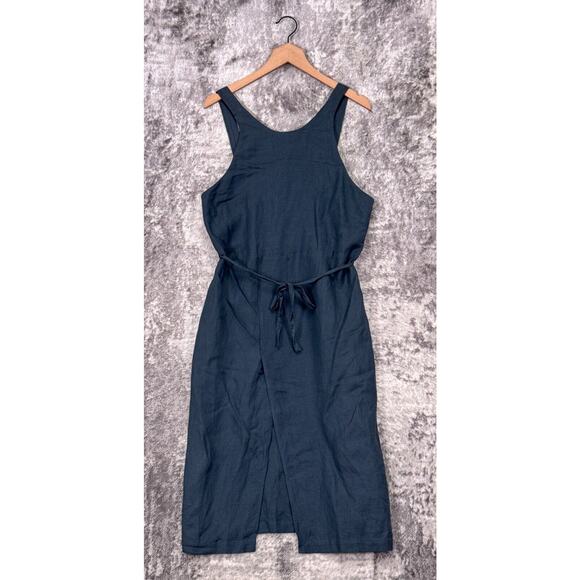 First Rite Dress Large Womens Blue Linen Blend Sleeveless Cross Front Midi - Picture 1 of 8